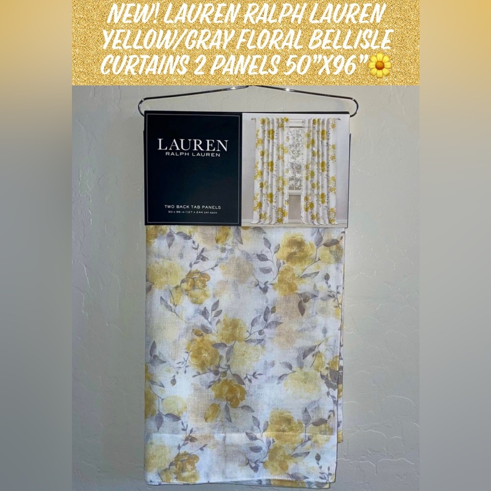 🎉HP🎉New! LaurenRalphLauren Yellow/Gray Floral Bellisle Curtains 2 Panels 50”x96”